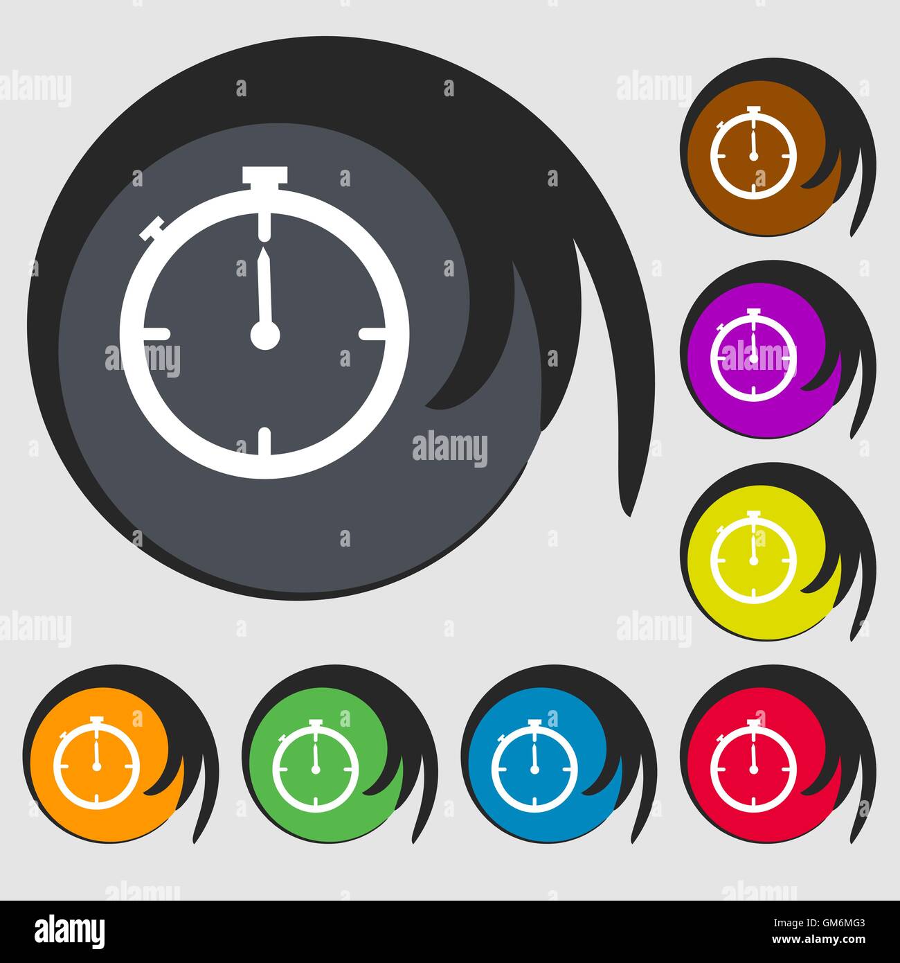 Timer sign icon. Stopwatch symbol. Symbols on eight colored buttons. Vector Stock Vector