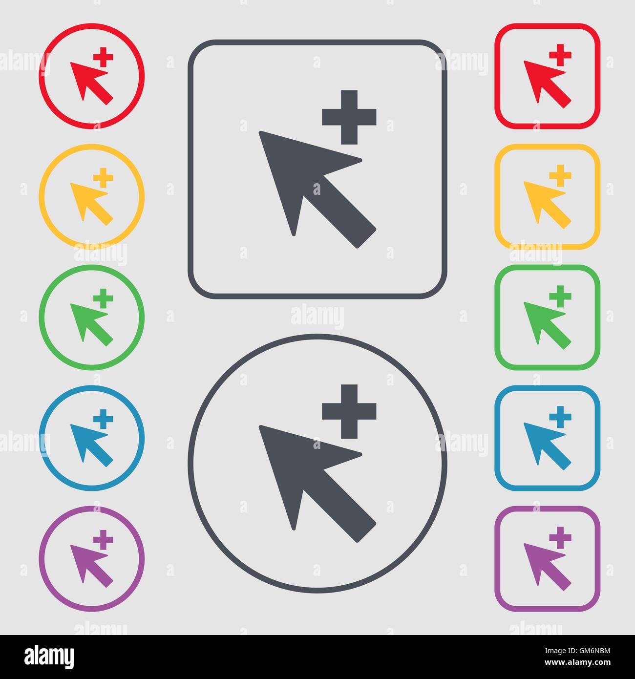 Cursor, arrow plus, add icon sign. Symbols on the Round and square ...