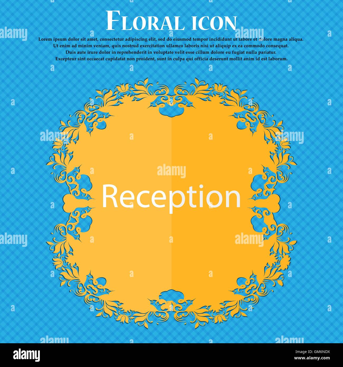 Reception sign icon. Hotel registration table symbol. Floral flat design on a blue abstract background with place for your text. Vector Stock Vector