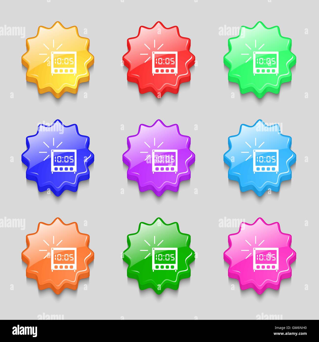 digital Alarm Clock icon sign. Symbols on nine wavy colourful buttons