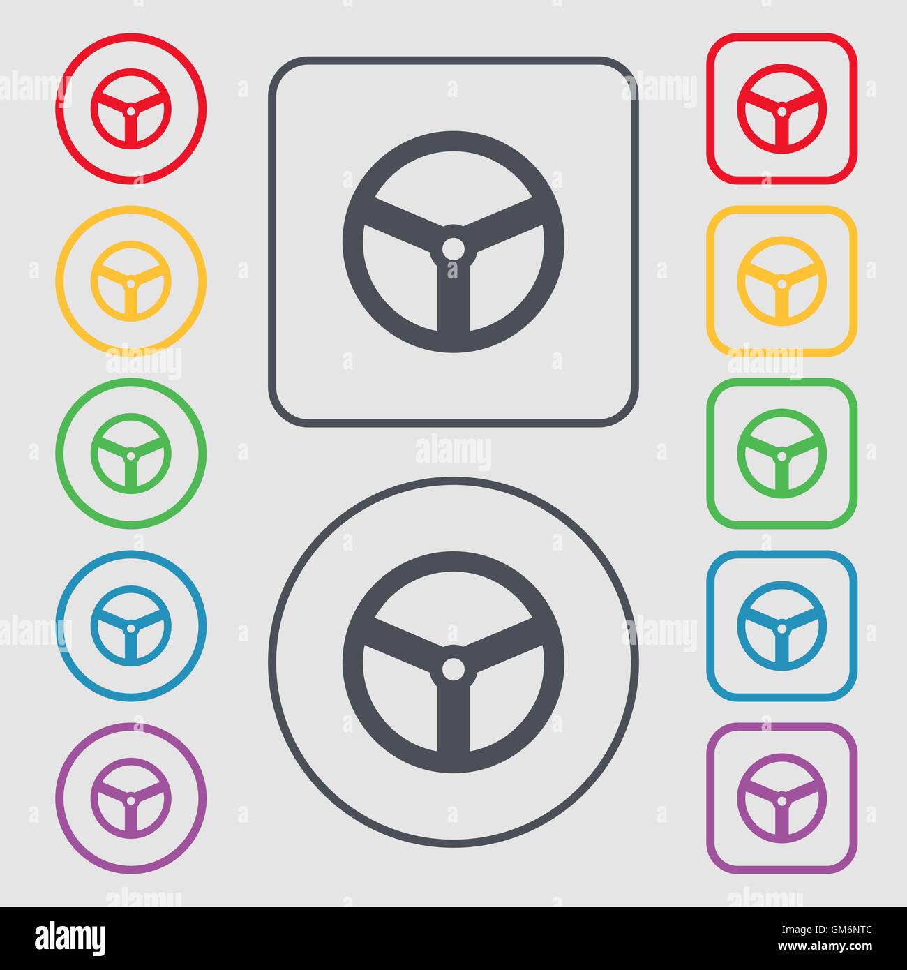 Steering wheel icon sign. Symbols on the Round and square buttons with