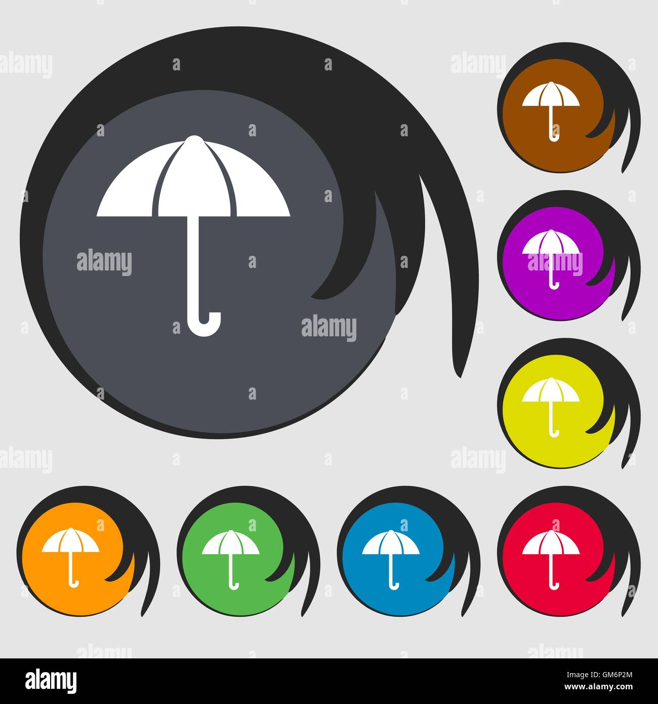 Umbrella sign icon. Rain protection symbol. Symbols on eight colored ...