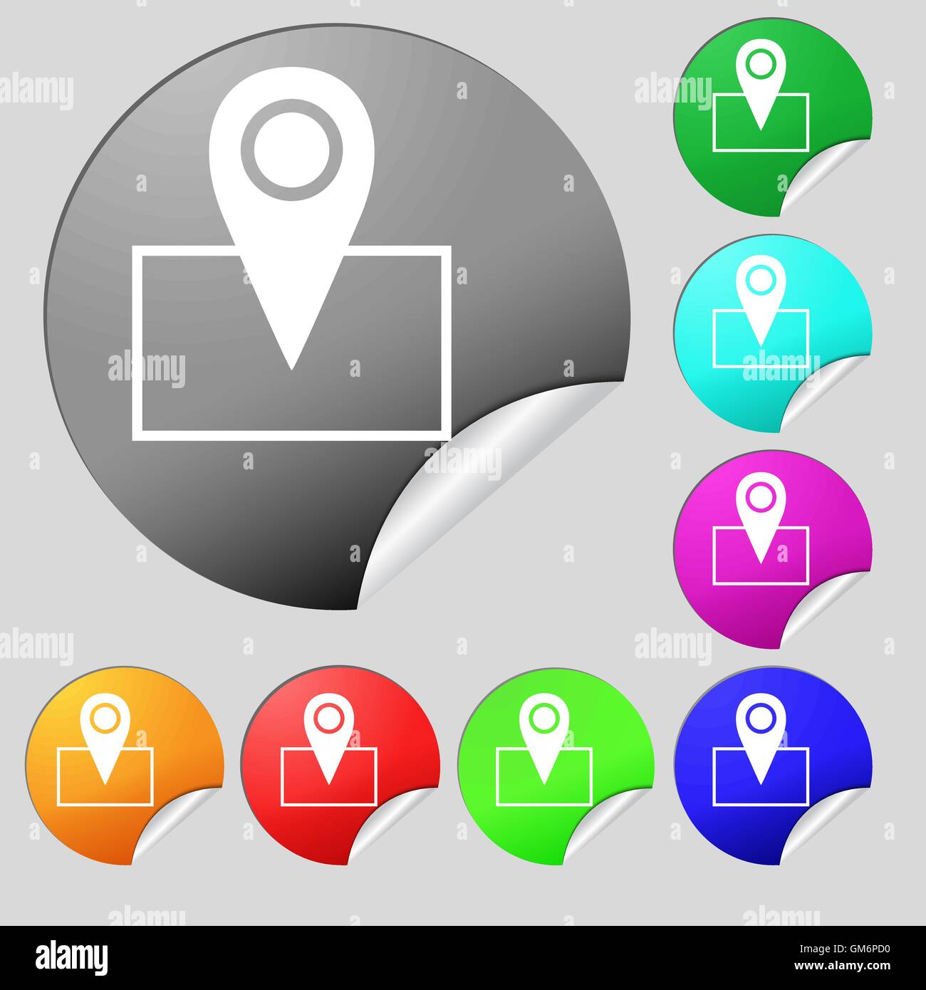 Map pointer icon sign. Set of eight multi colored round buttons ...