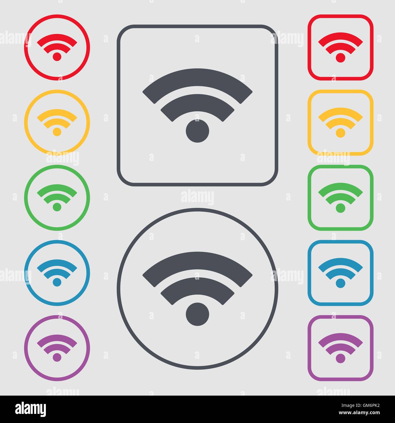 Wifi sign. Wi-fi symbol. Wireless Network icon. Wifi zone. Symbols on the Round and square buttons with frame. Vector Stock Vector