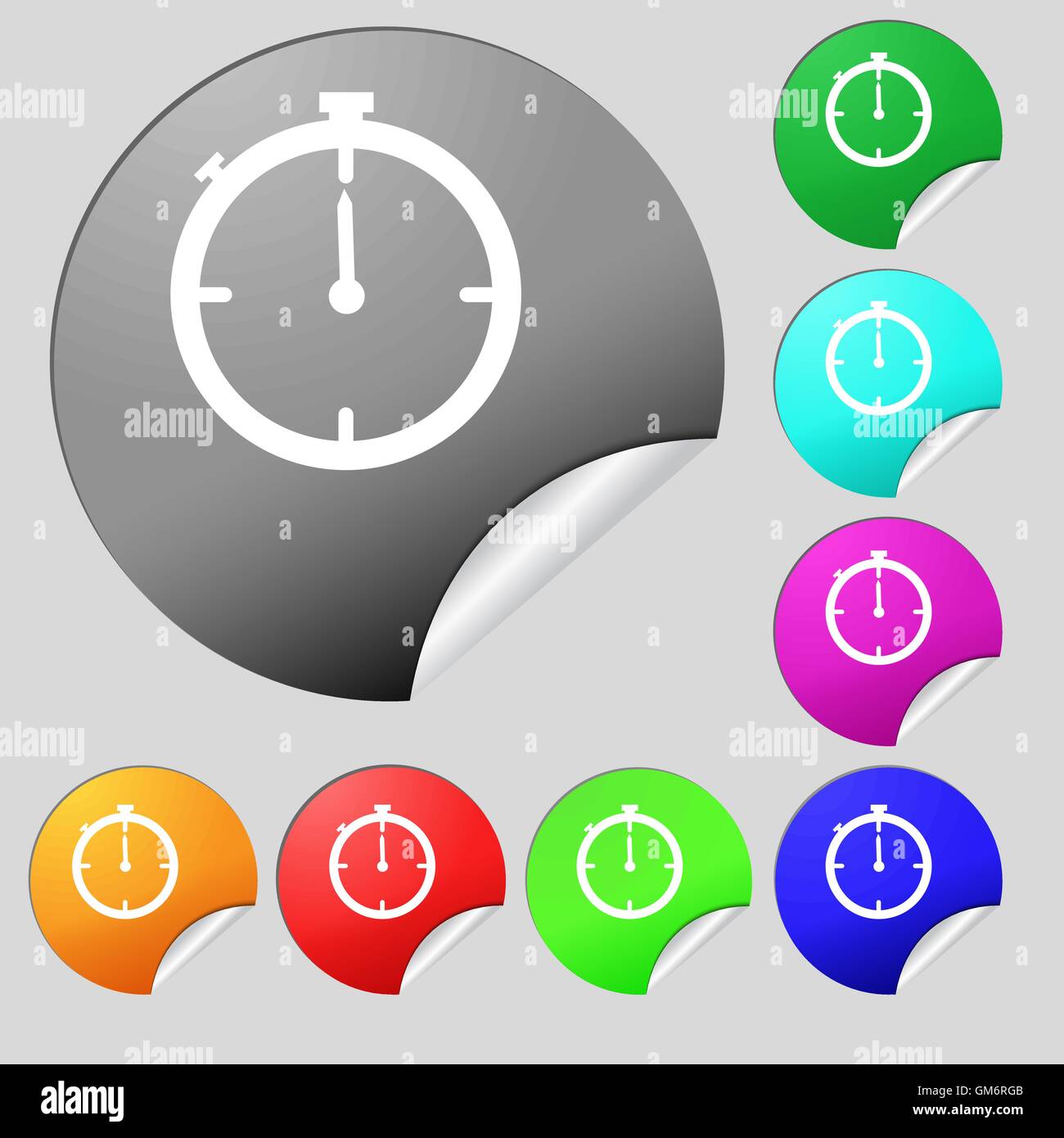 Timer sign icon. Stopwatch symbol. Set of eight multi colored round buttons, stickers. Vector Stock Vector