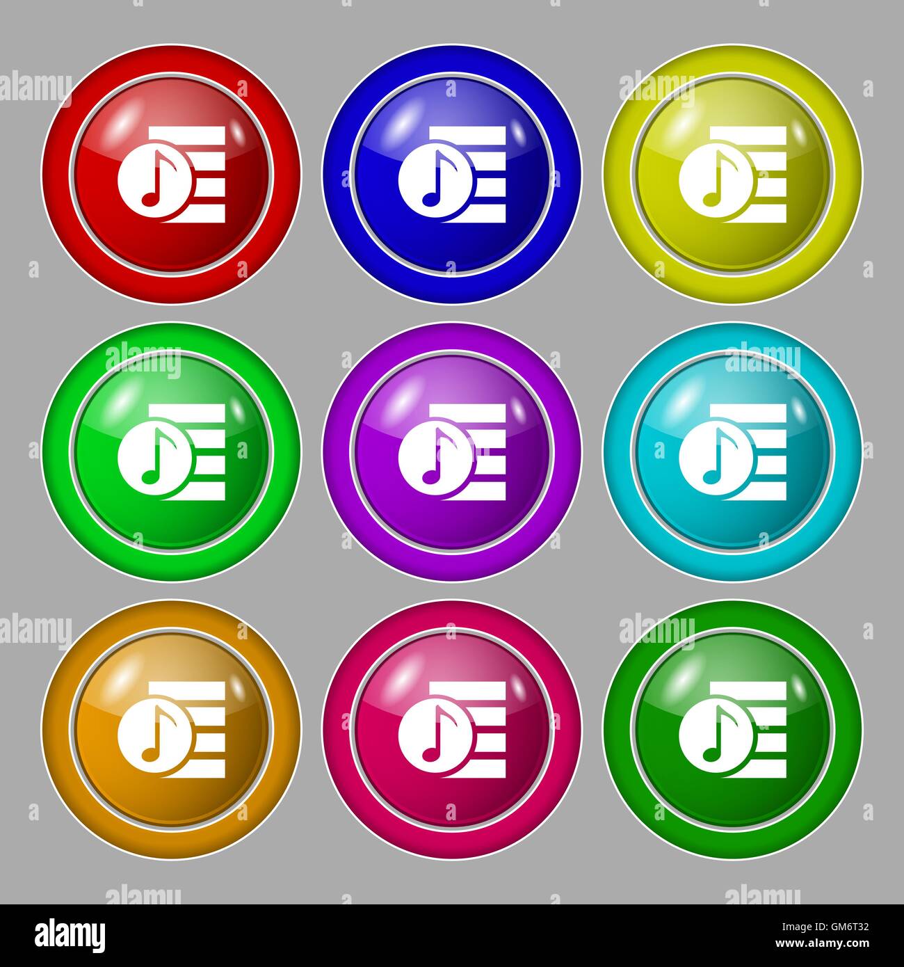 Audio, MP3 file icon sign. Symbol on nine round colourful buttons. Vector Stock Vector