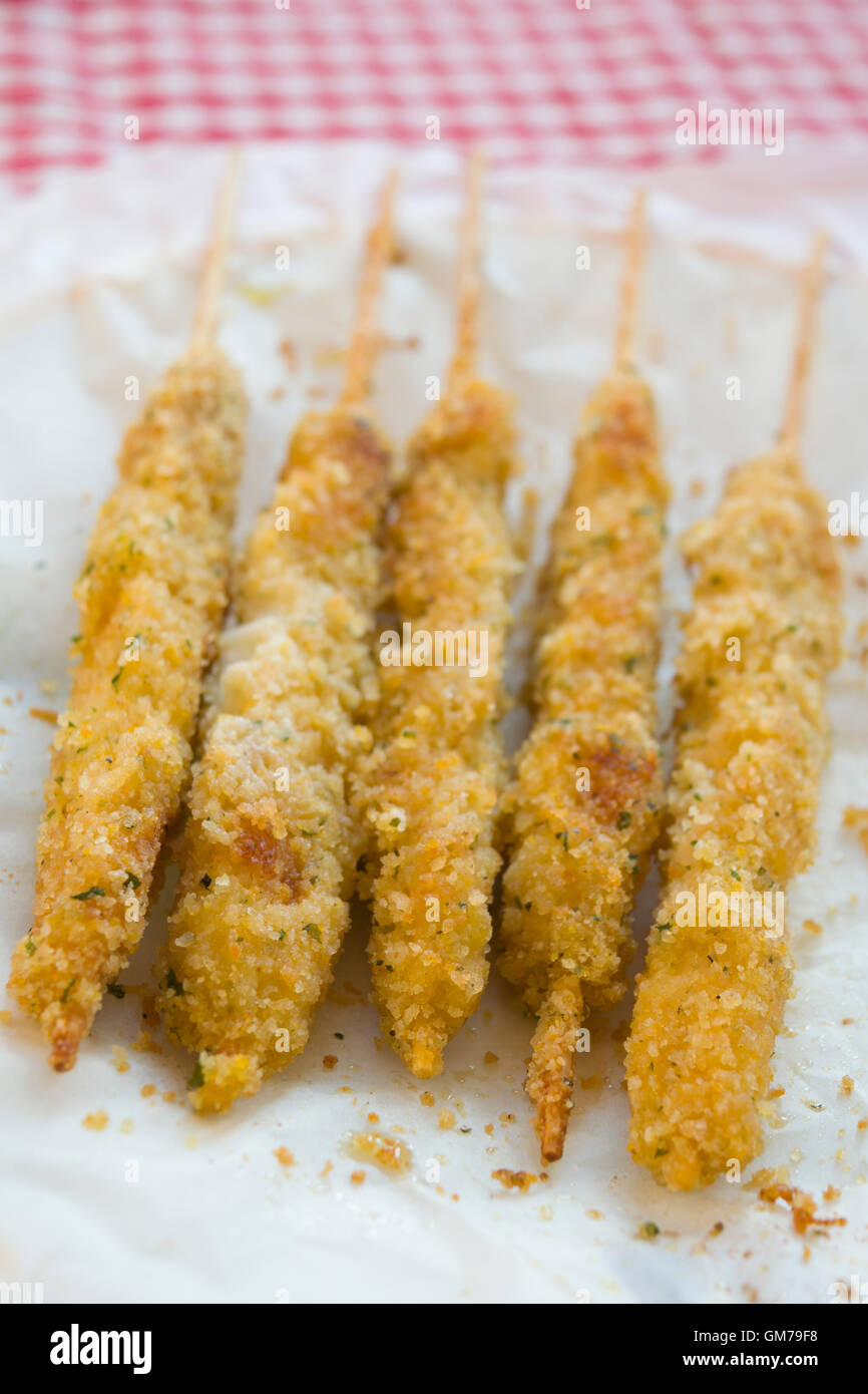 breaded fish skewers Stock Photo