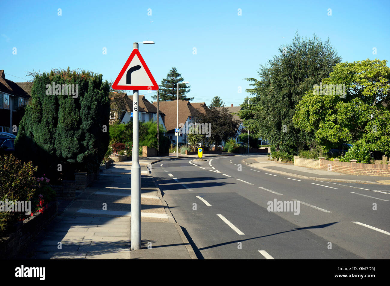 UK, Road Traffic Sign, Dangerous Curve Ahead Stock Photo