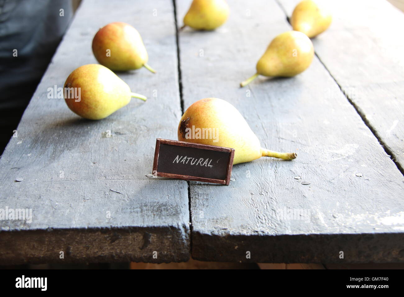 Juicy flavorful pears and text natural Stock Photo