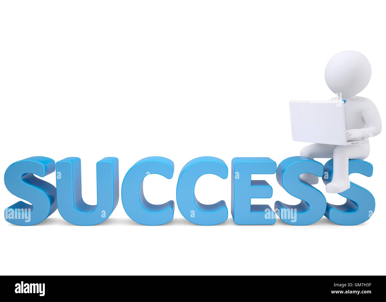 3d man with laptop sitting on the word SUCCESS Stock Photo - Alamy