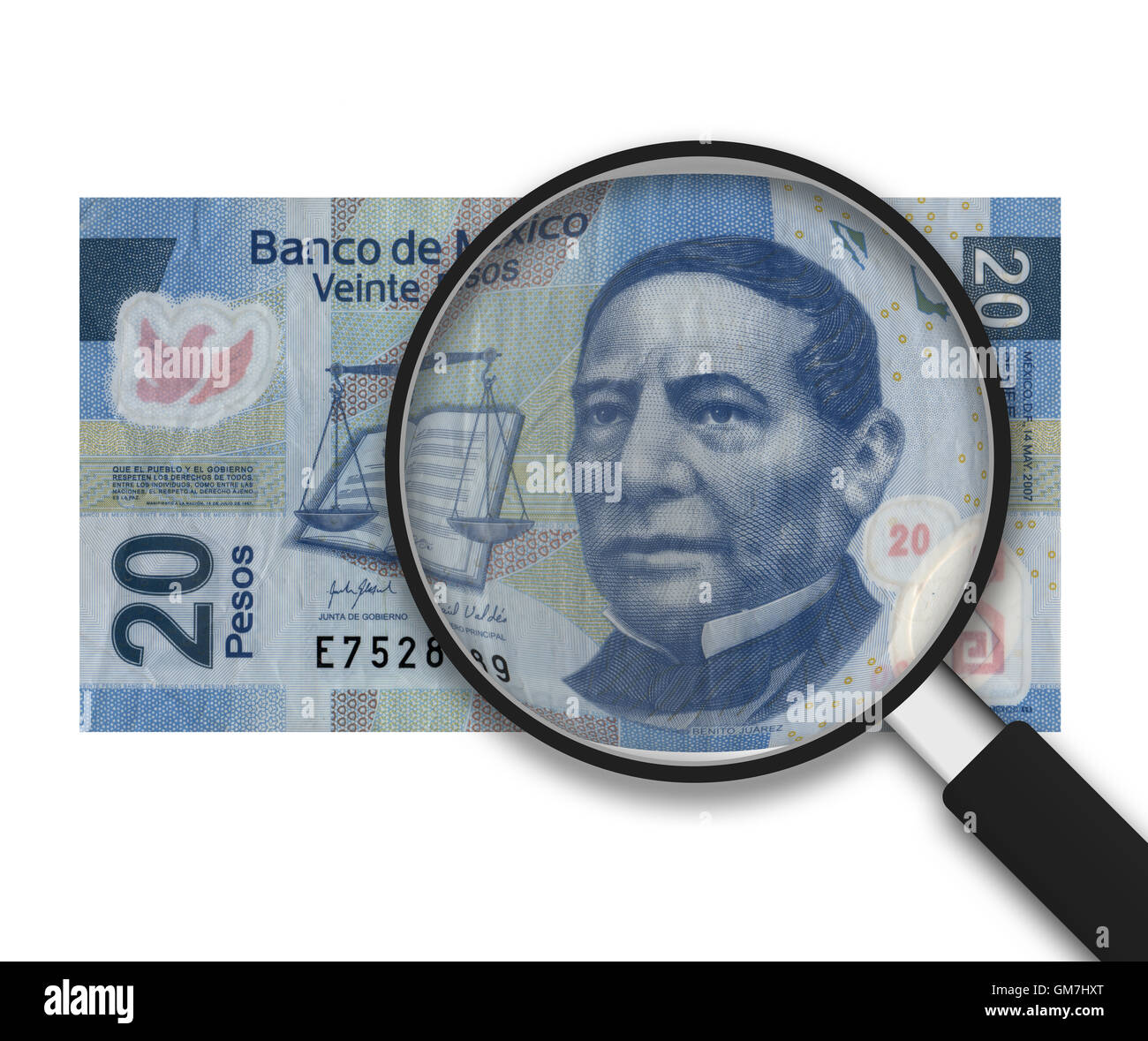 Magnifying Glass - 20 Pesos - Front Side Stock Photo