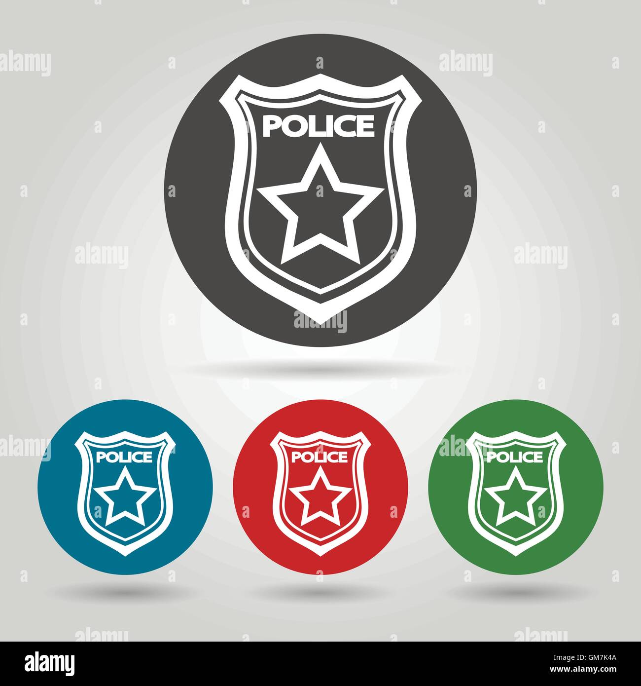 Police badge symbol set. Flat icons on colorful backgrounds. Stock Vector