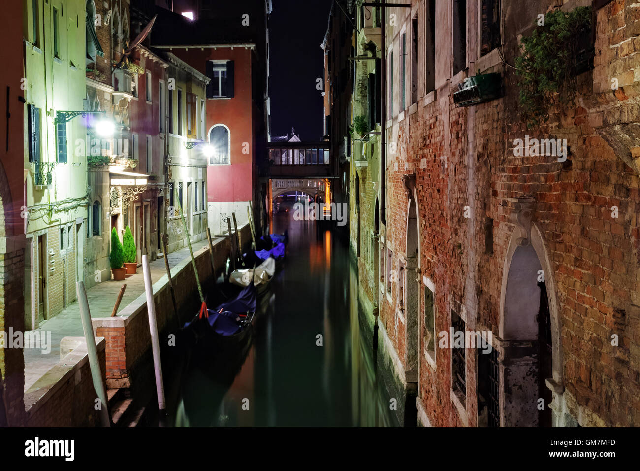 Small Venetian Canal At Night Stock Photo