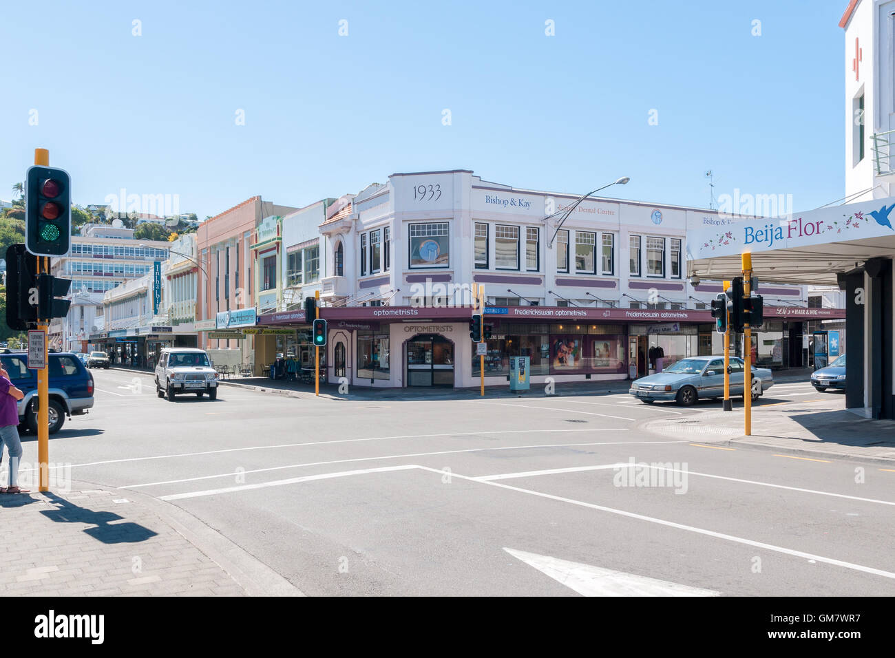 Hastings Street and central shopping area in the Art Deco City of Napier in New Zealand Stock Photo