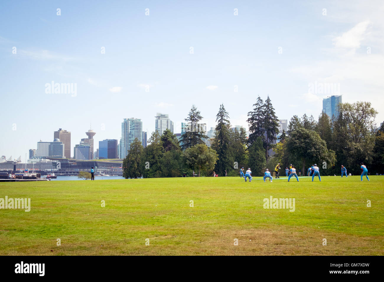 Playing cricket in Stanley Park in Vancouver, British Columbia, Canada. Stock Photo