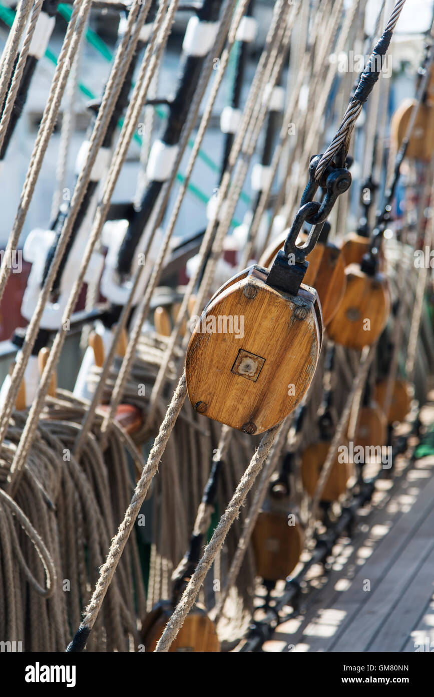 Old sailing ship masts sails and rigging Stock Photo Alamy