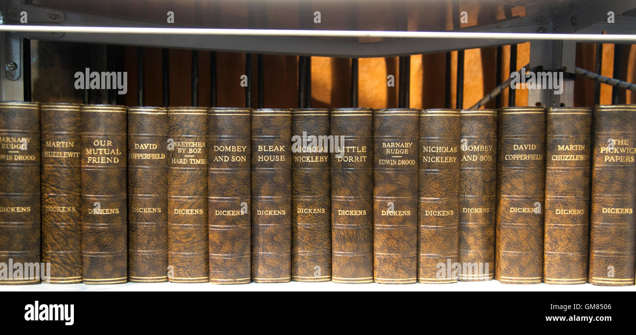 A book shop in Camden market selling parts o Charles Dickens works in leather Stock Photo