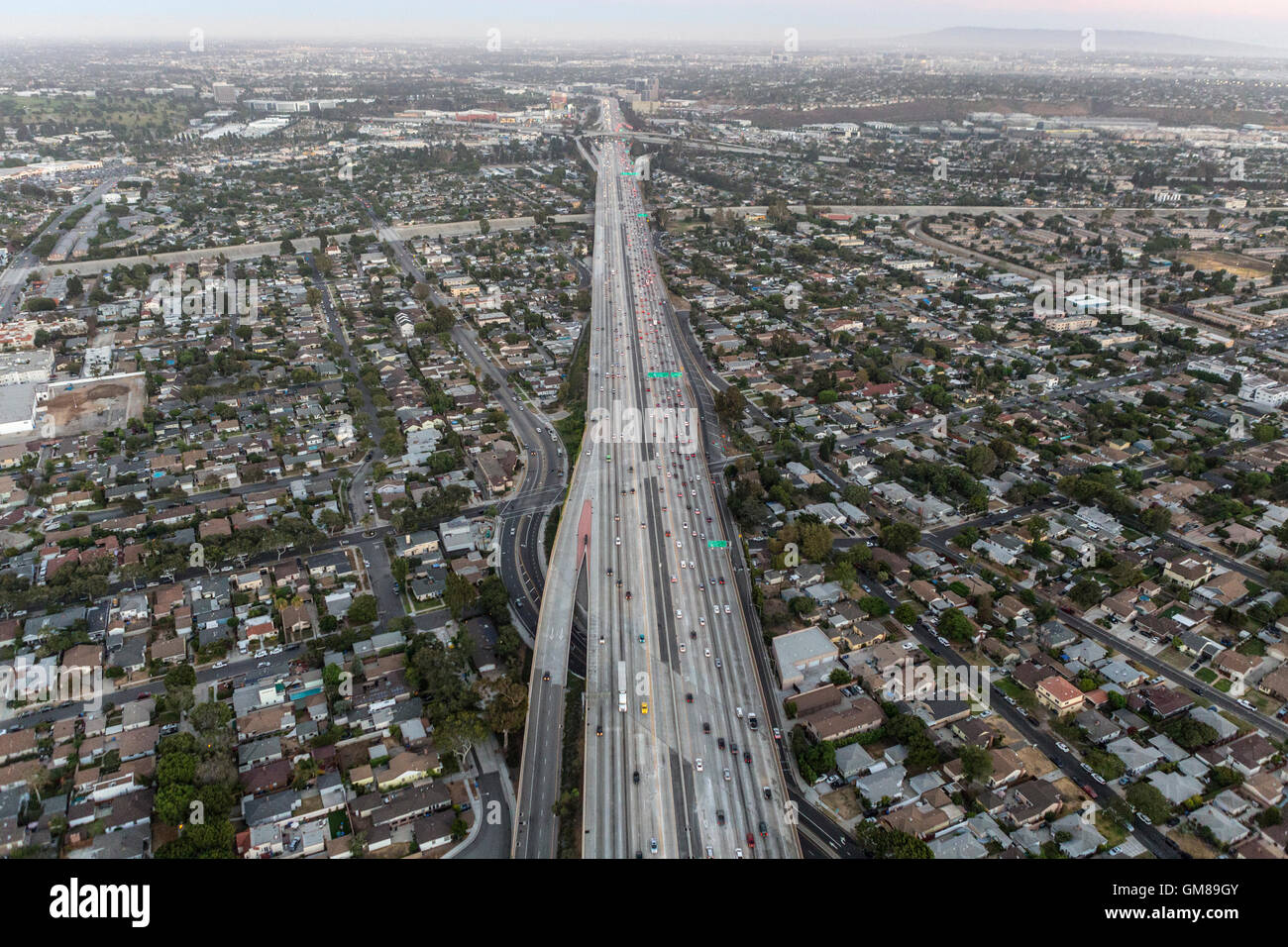 After sunset aerial of the San Diego 405 Freeway in Culver City and Los Angeles, California. Stock Photo