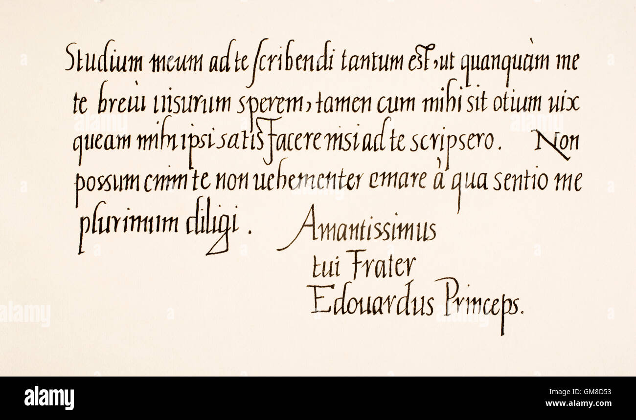 Edward VI, 1537 – 1553.  King of England and Ireland.  Hand writing sample and signature. Stock Photo