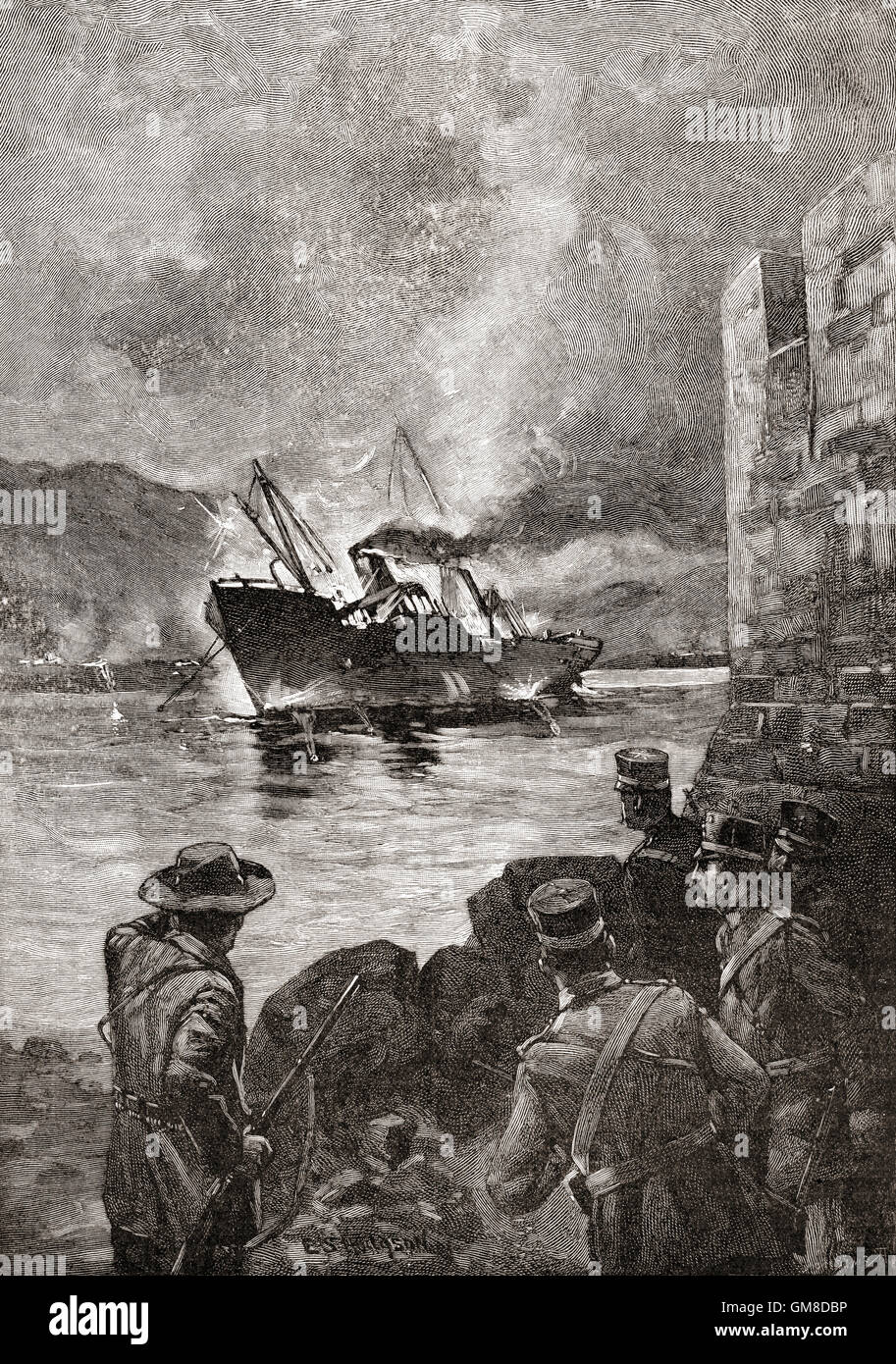 The sinking of the USS Merrimac, 2 June 1898, during the Spanish–American War. Stock Photo