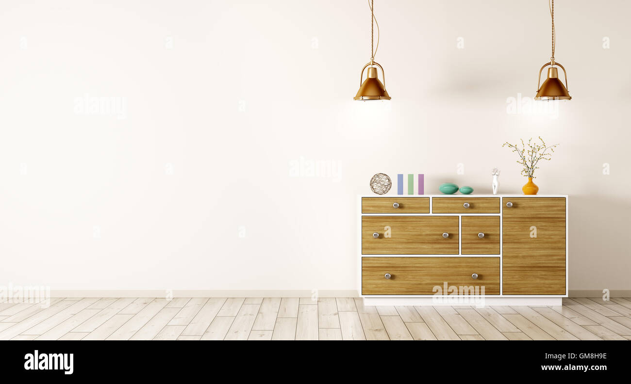 Modern interior of living room with wooden dresser and lamps 3d ...