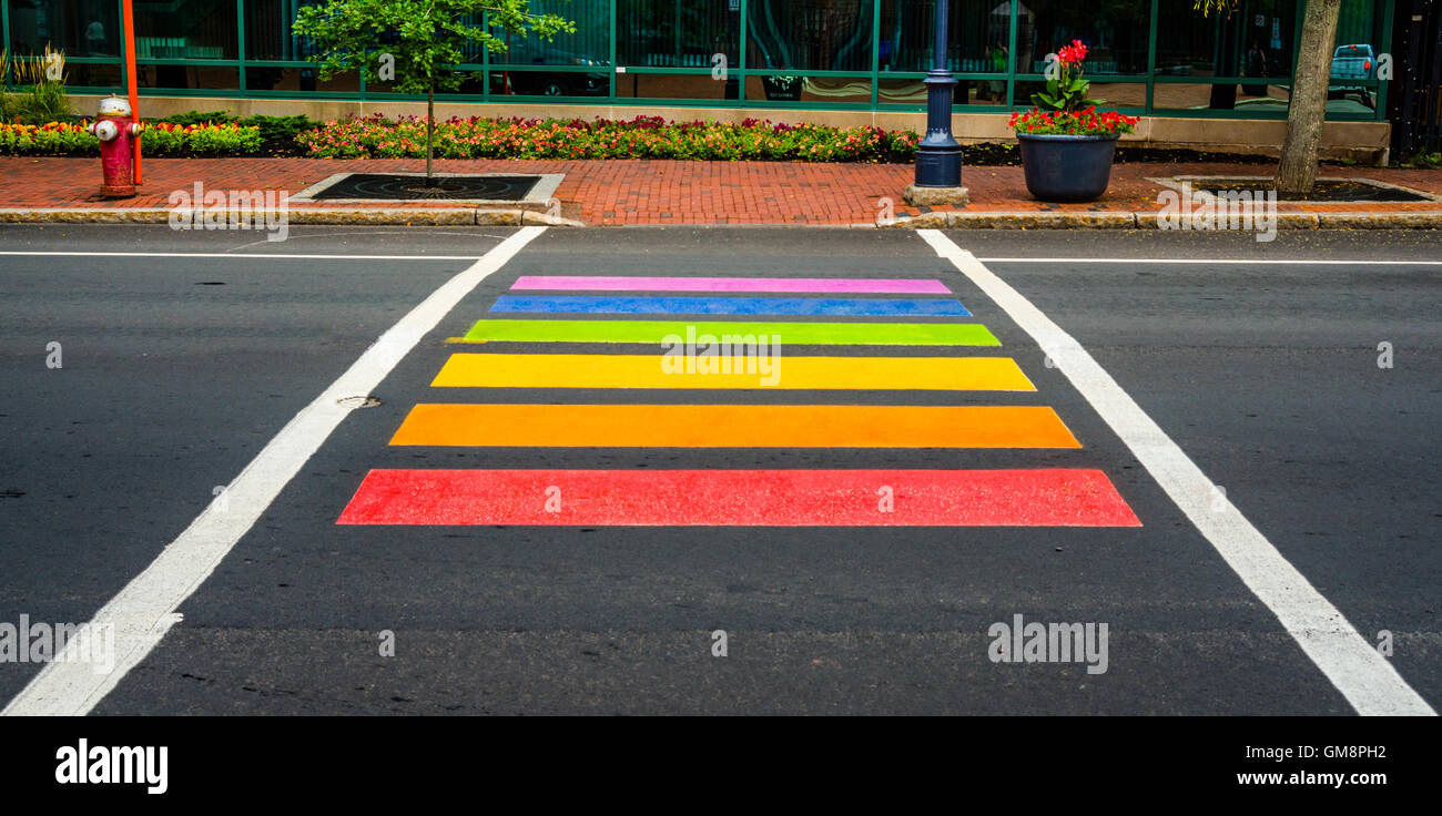 Pedestrian crossing color abstract.   Rainbow colored pedestrian crossing in Moncton, New Brunswick. Stock Photo