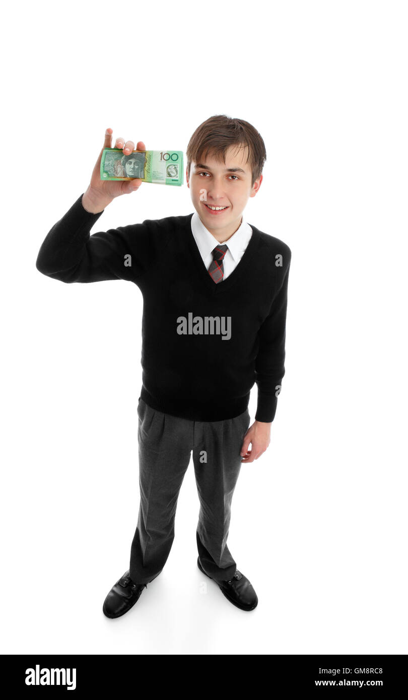 School boy with cash money Stock Photo