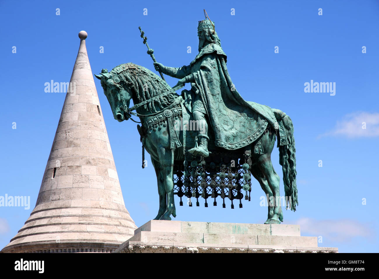 Saint Istvan statue and fisherman's bastion in Budapest, Hungary Stock Photo