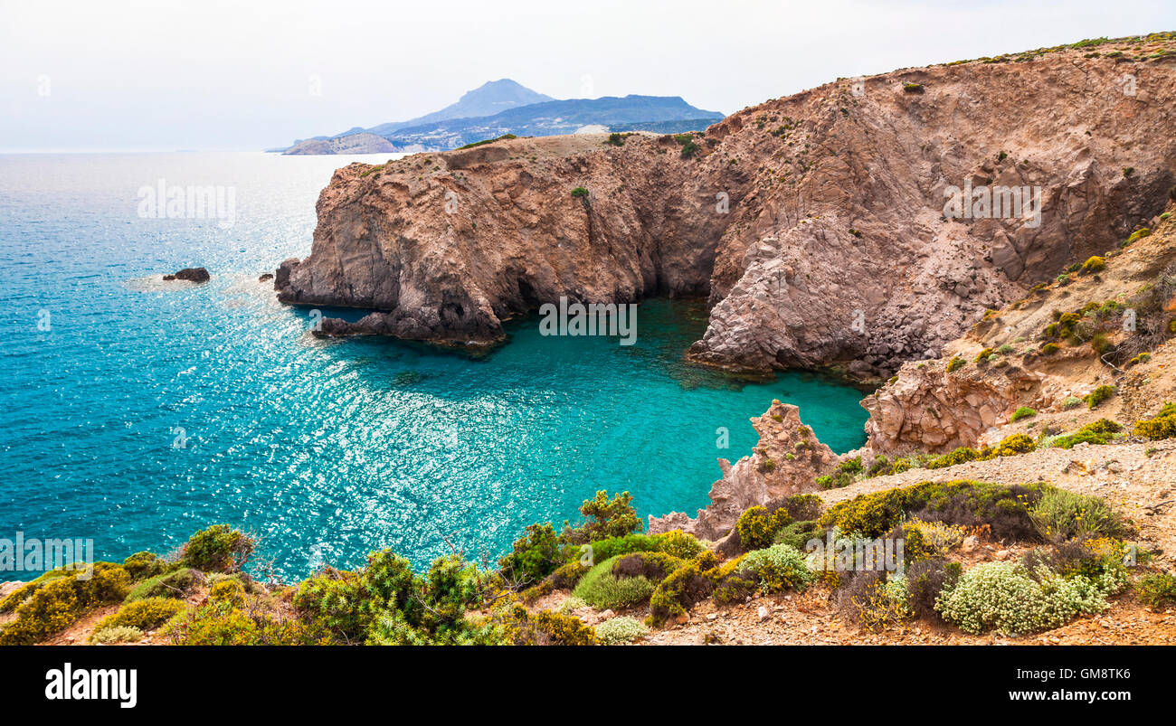 wild turquoise beaches of Greece - Milos island, Cyclades, Tsigardo beach Stock Photo