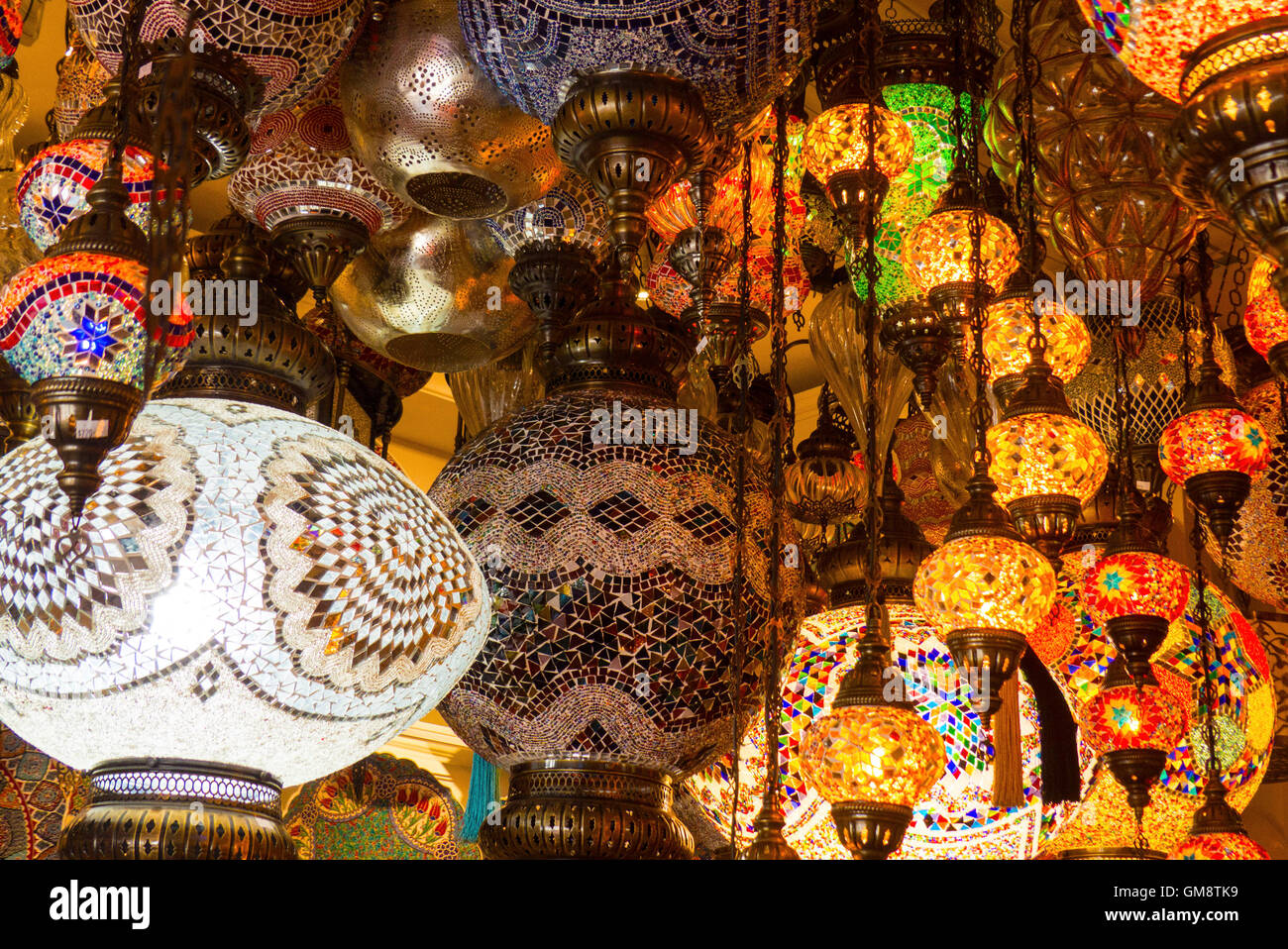 Oriental light fixtures in shop.Dazzling colors Stock Photo