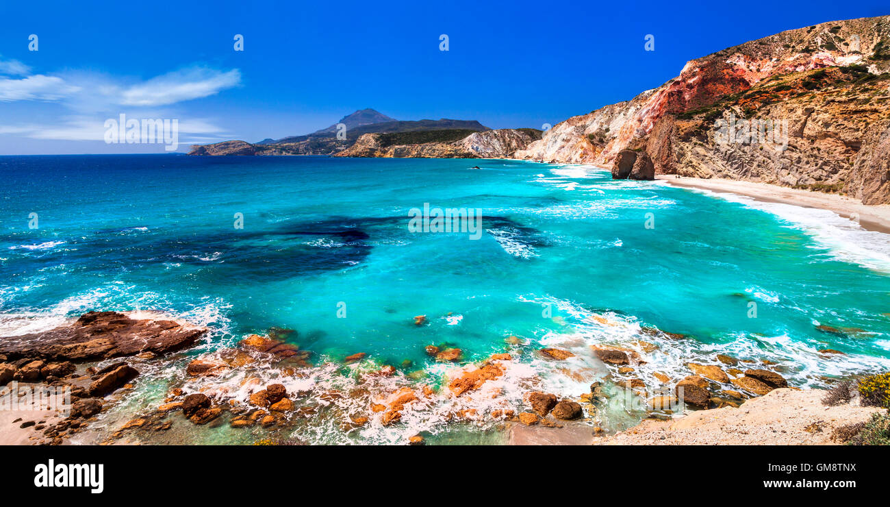 unique beautiful beaches of Milos island, Greece, Cyclades Stock Photo