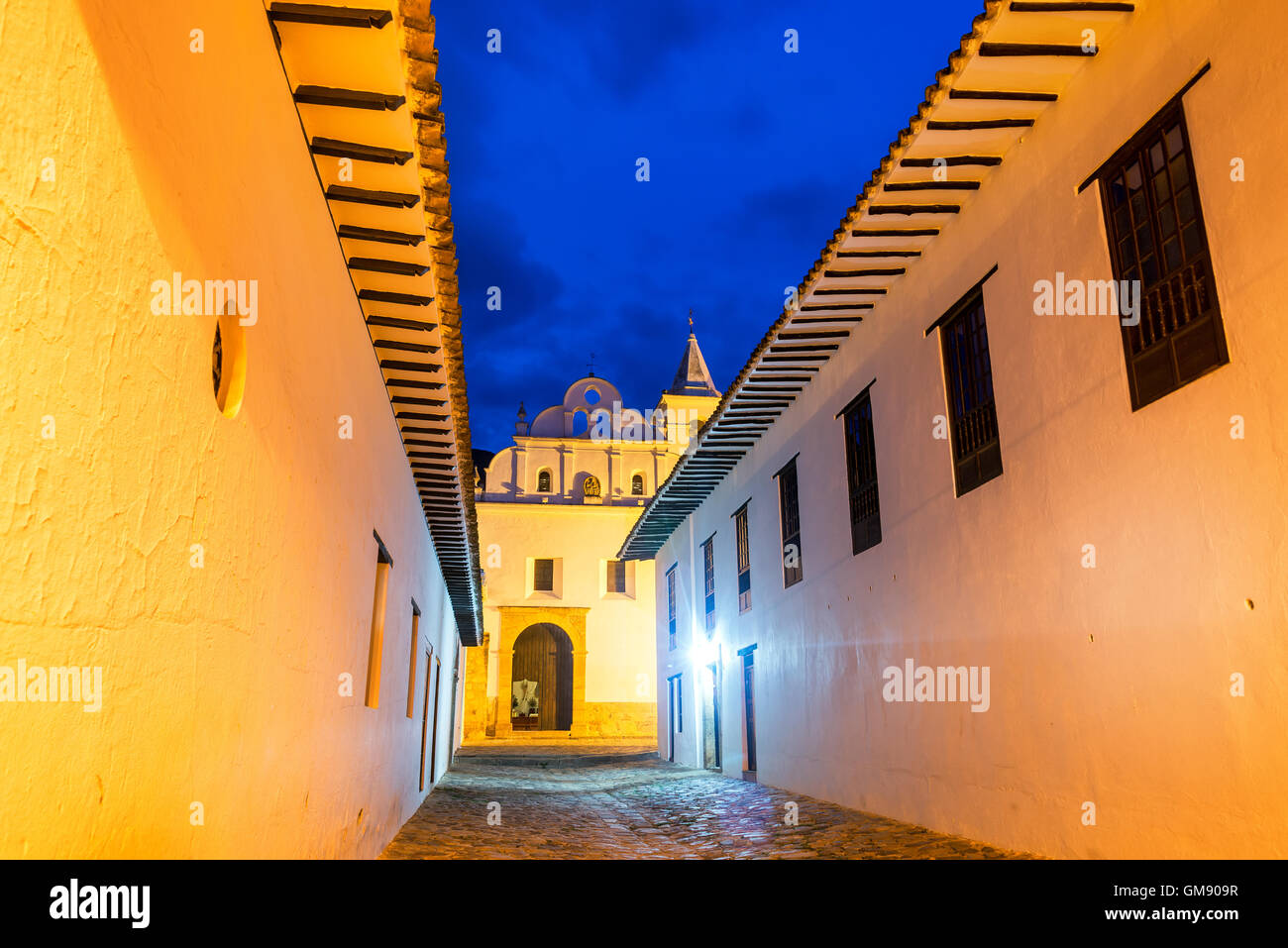 Church and convent of San Francisco taken during the blue hour in Villa de Leyva, Colombia Stock Photo
