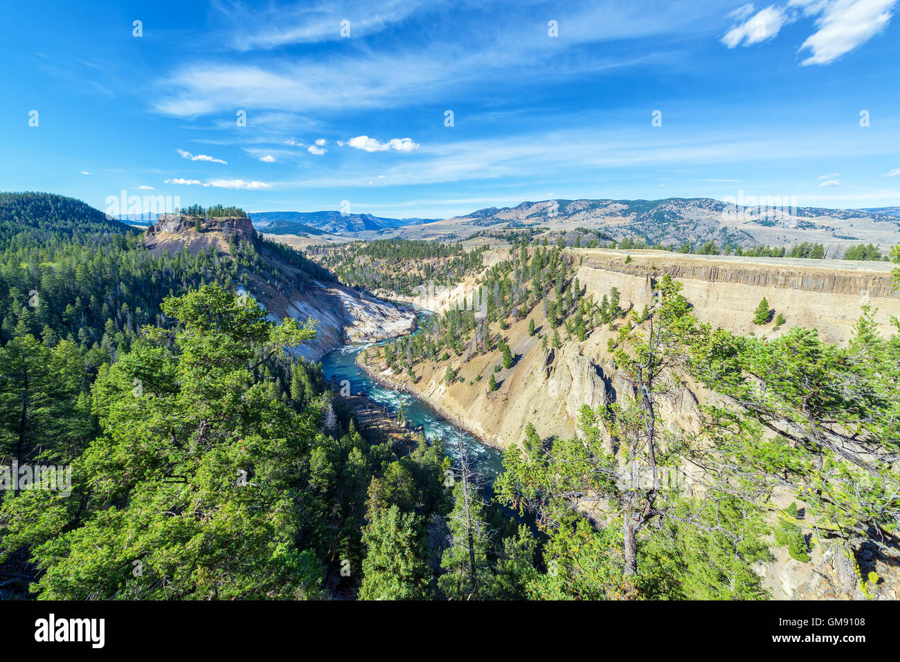 Landscape view of a canyon and the Yellowstone River near Tower Fall in Yellowstone National Park Stock Photo