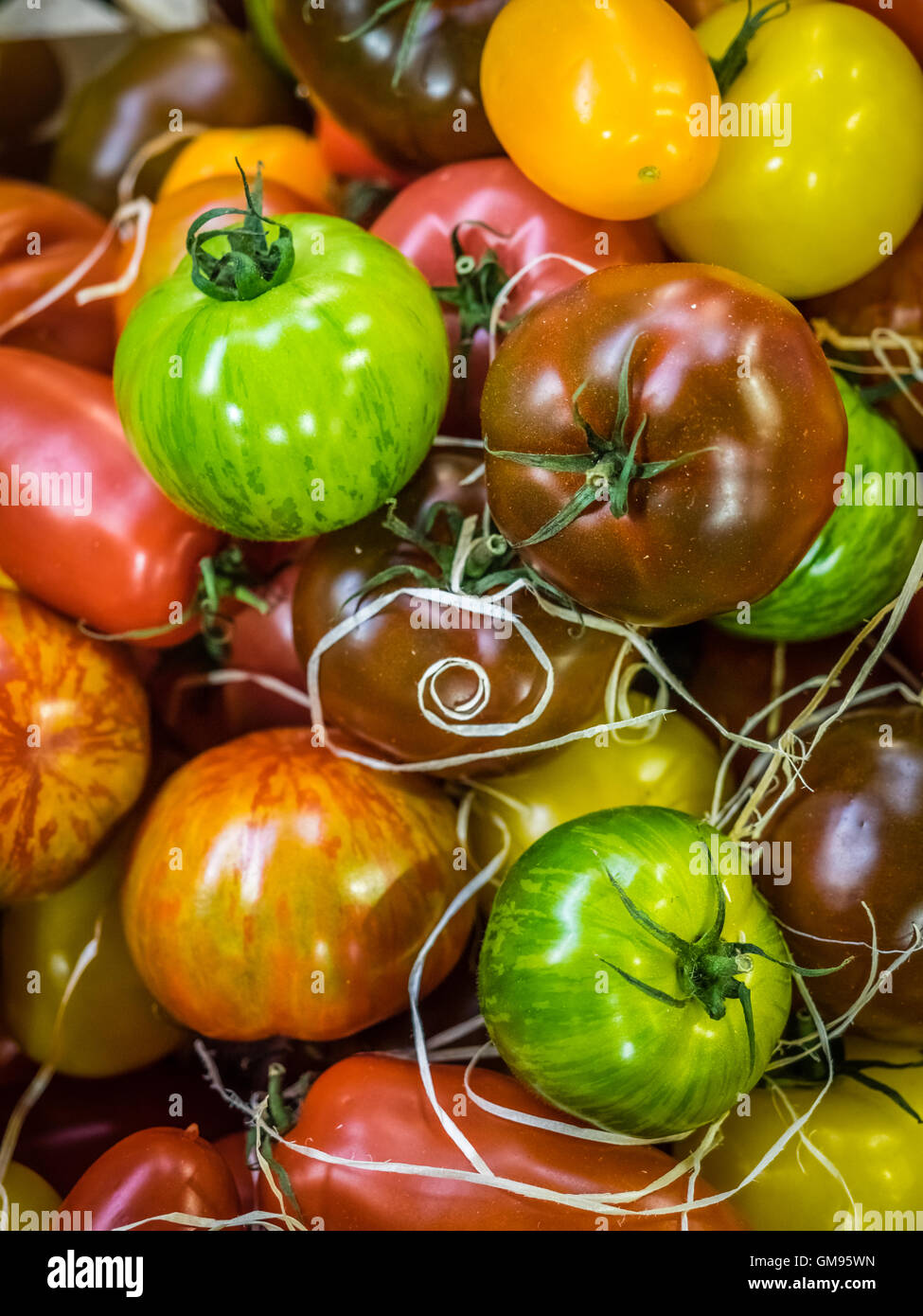 Fresh red, brown, yellow and green ripe tomatoes in wooden baskets on ...
