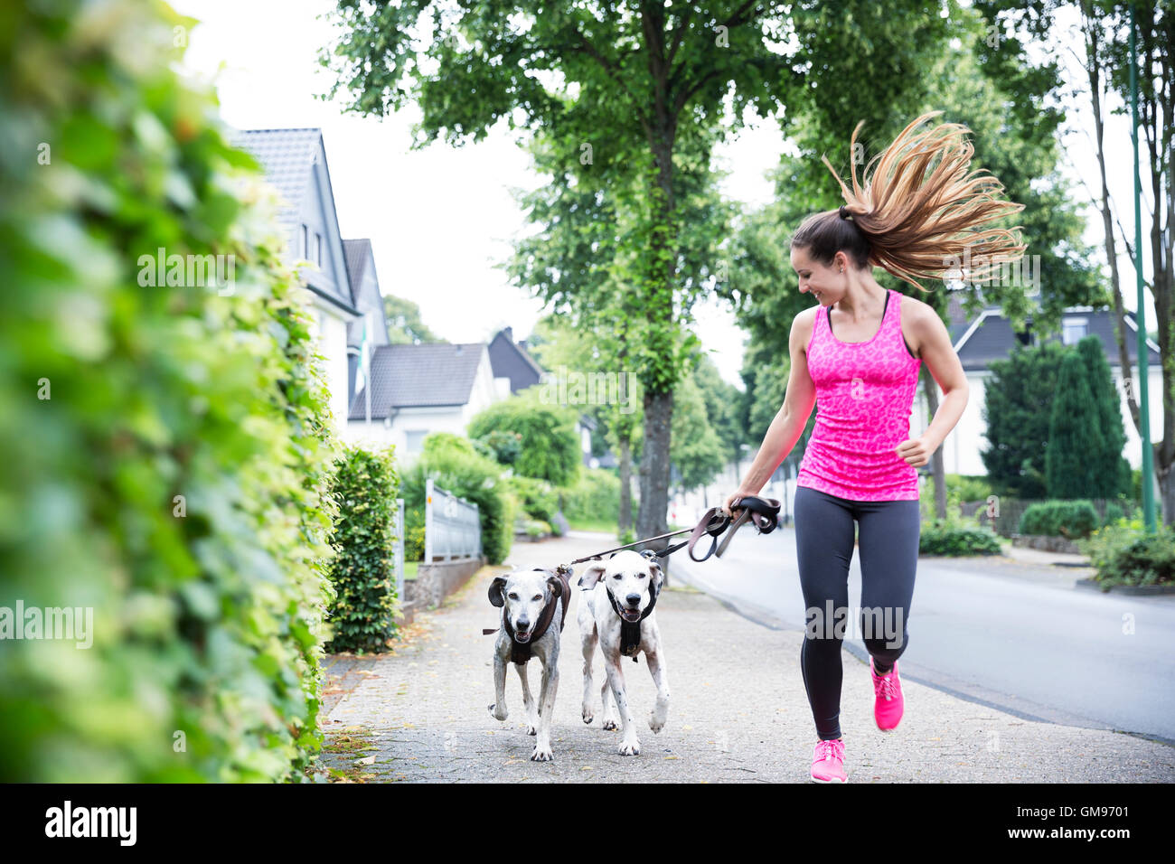 Young woman jogging with two dogs Stock Photo Alamy