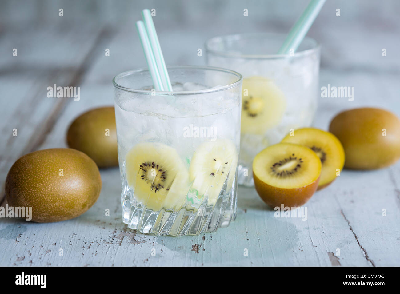 Glasses of infused water with kiwi and ice cubes Stock Photo Alamy