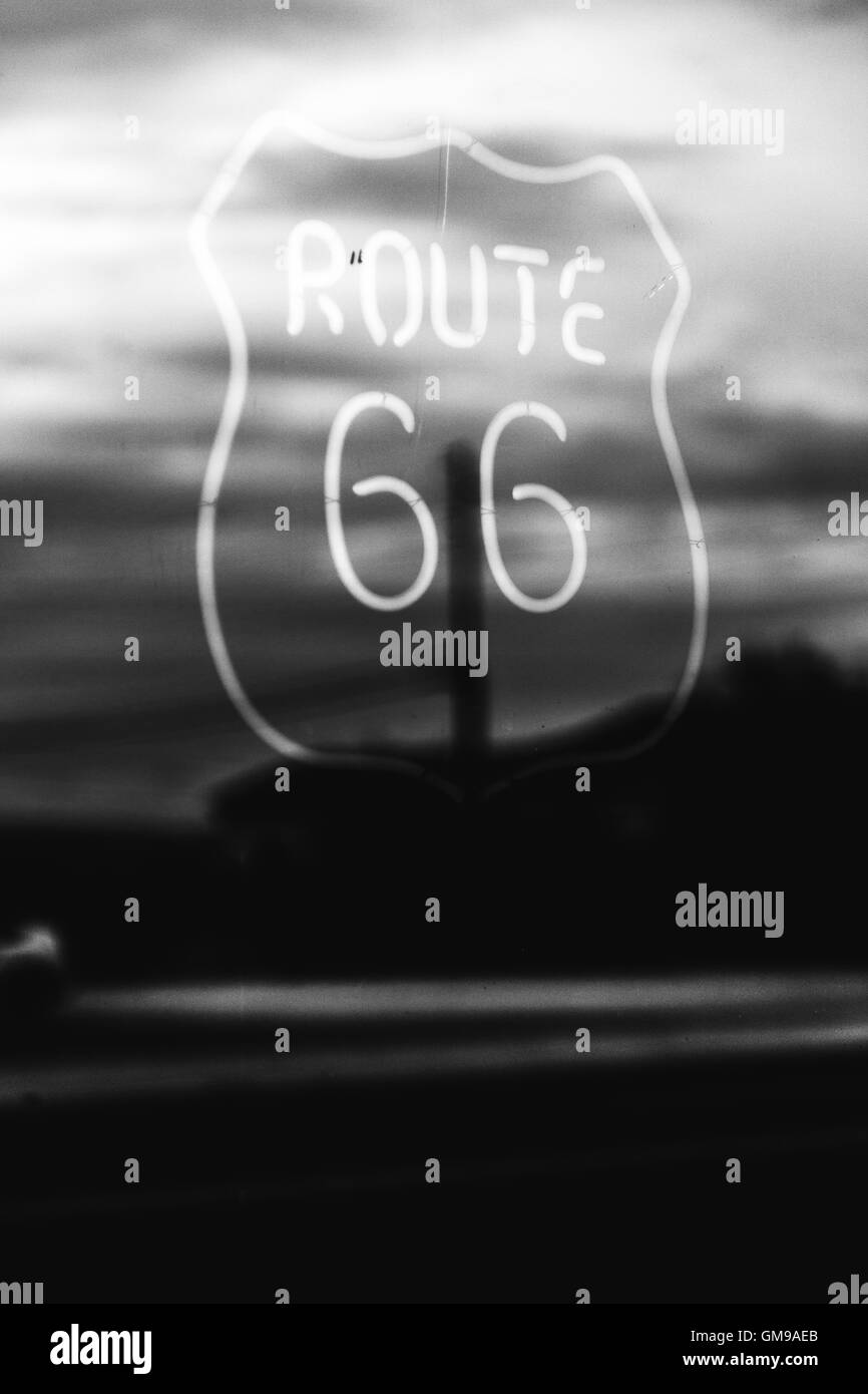 USA, California, Mojave Desert, neon sign of route 66 Stock Photo