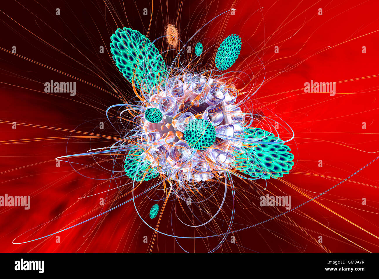 Immune system defense cells attacking a virus, 3D Rendering Stock Photo