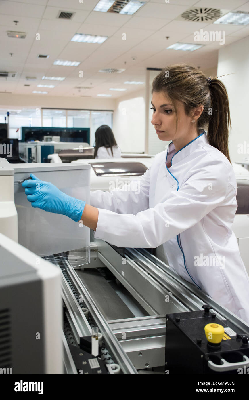 Laboratory technician in analytical laboratory adjusting transport