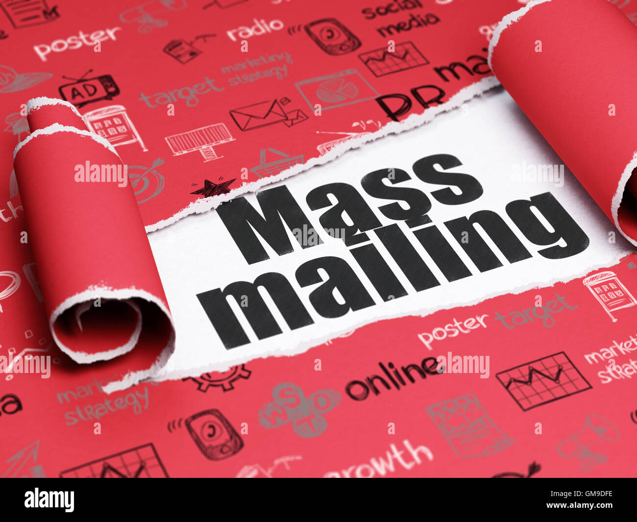 Advertising concept: black text Mass Mailing under the piece of torn ...