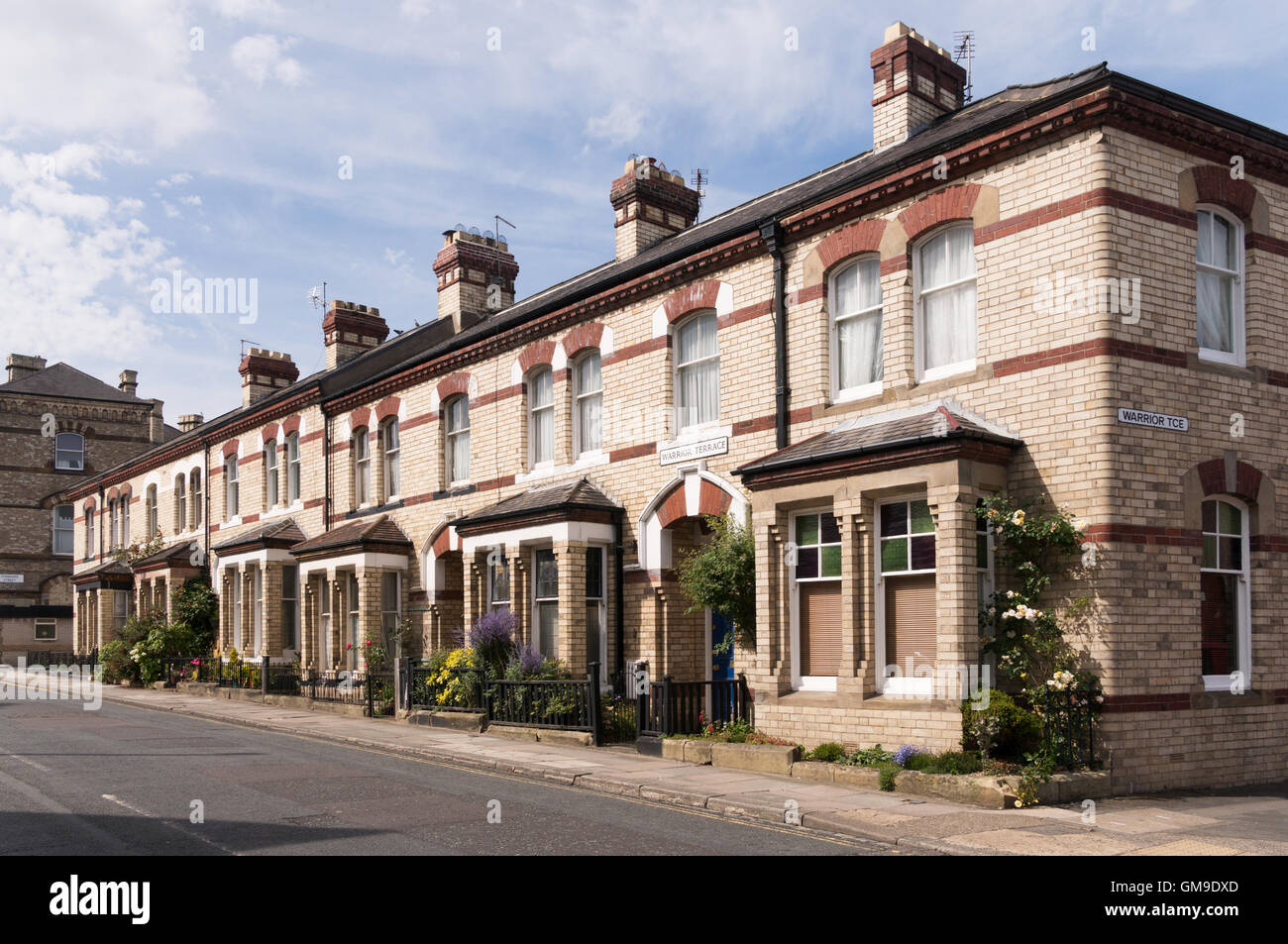 Victorian white Pease brick built terraced houses in Warrier Terrace, Saltburn by the Sea, North Yorkshire, England, UK Stock Photo