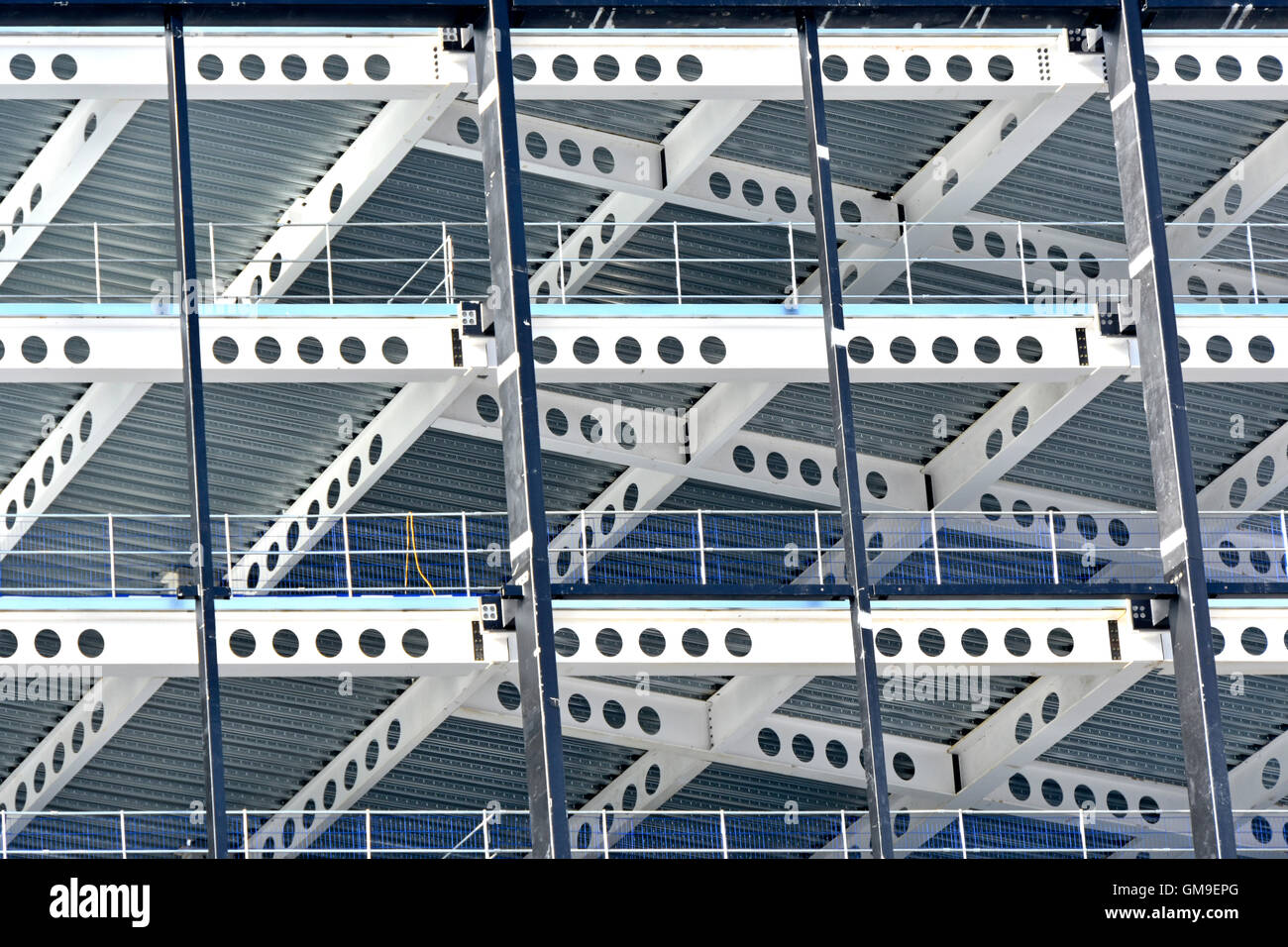 Steel frame office building under consruction beside East Croydon UK train station seen as a pattern & shapes image circles squares & rectangles etc Stock Photo