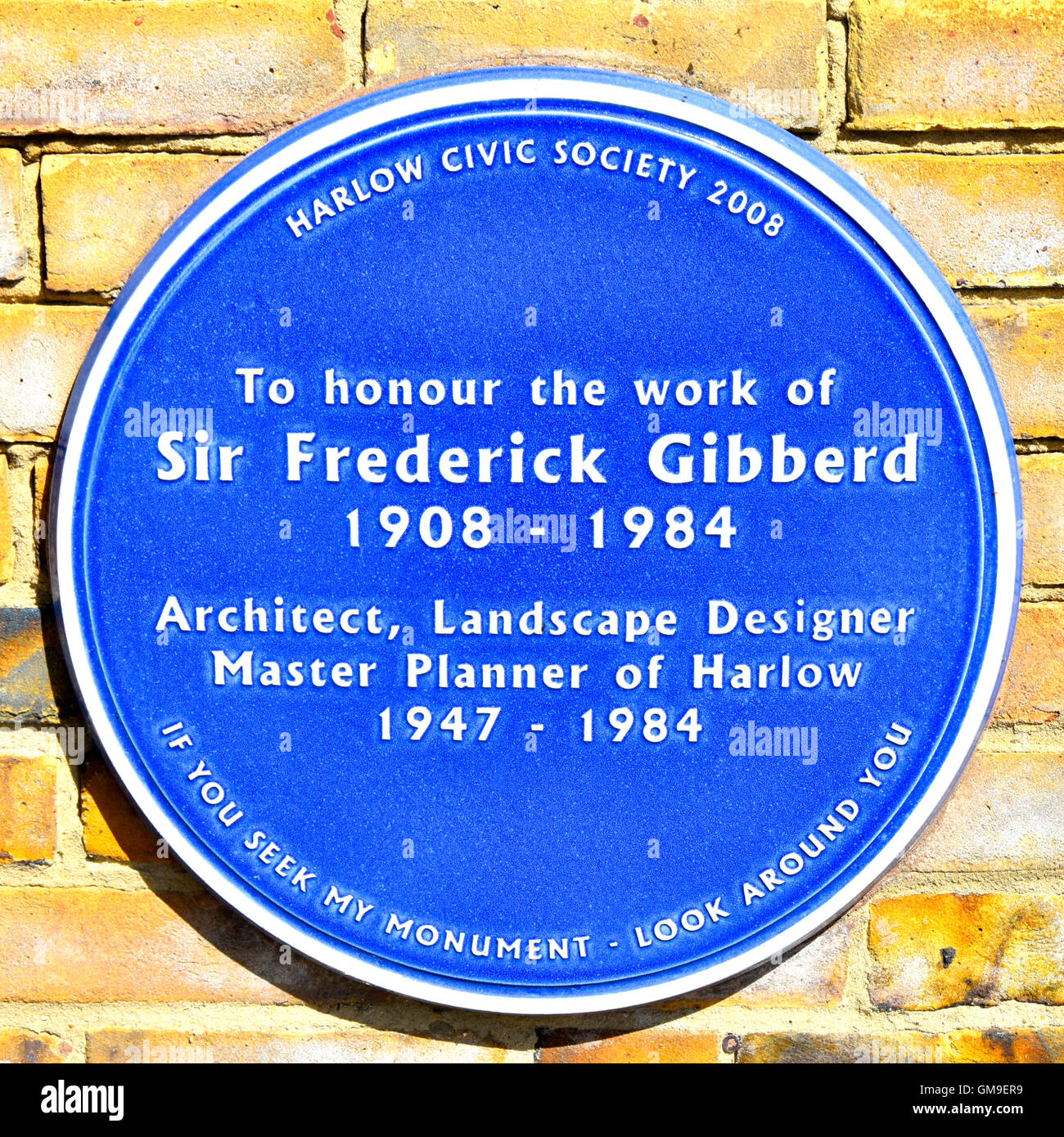 Blue Plaque Harlow Civic Centre Essex England UK to honour the work of Sir Frederick Gibberd 1908 - 1983 designer of the Harlow new town development Stock Photo