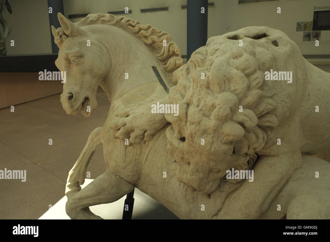 Ancient sculpture of a lion killing a horse, Capitoline Museum, Campidoglio, Rome, Italy. Stock Photo