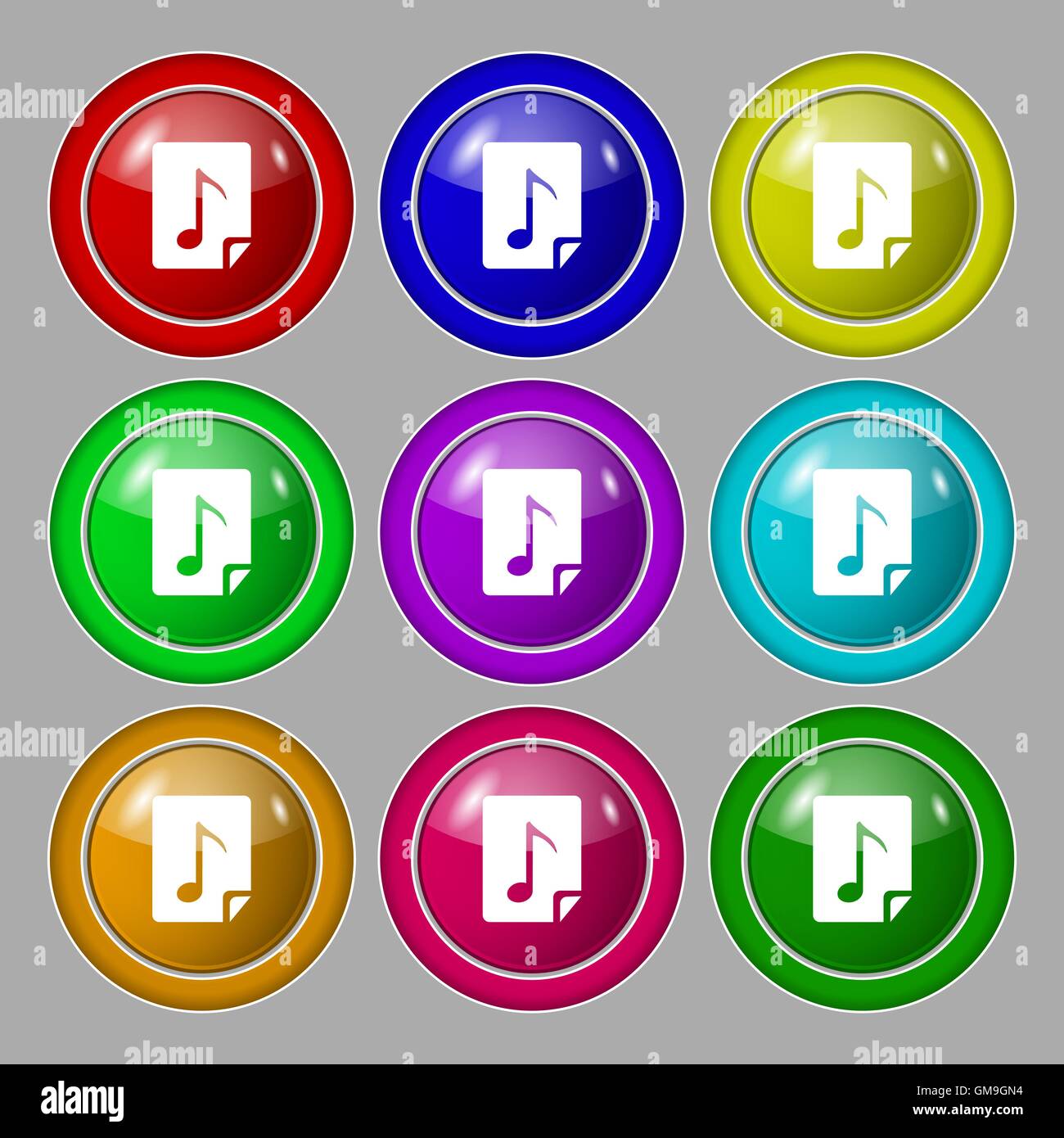 Audio, MP3 file icon sign. Symbol on nine round colourful buttons. Vector Stock Vector