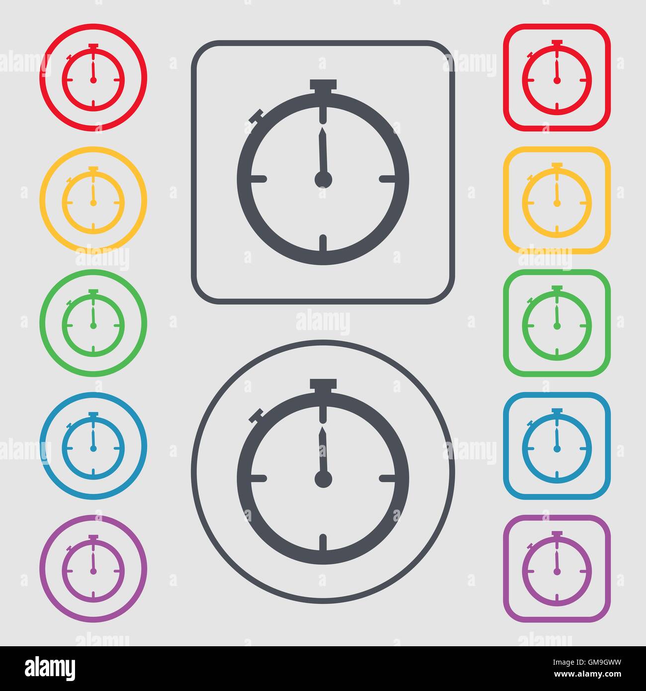 Timer sign icon. Stopwatch symbol. Symbols on the Round and square buttons with frame. Vector Stock Vector