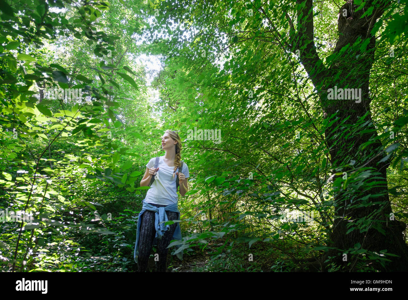 Young woman walking in woodlands Stock Photo
