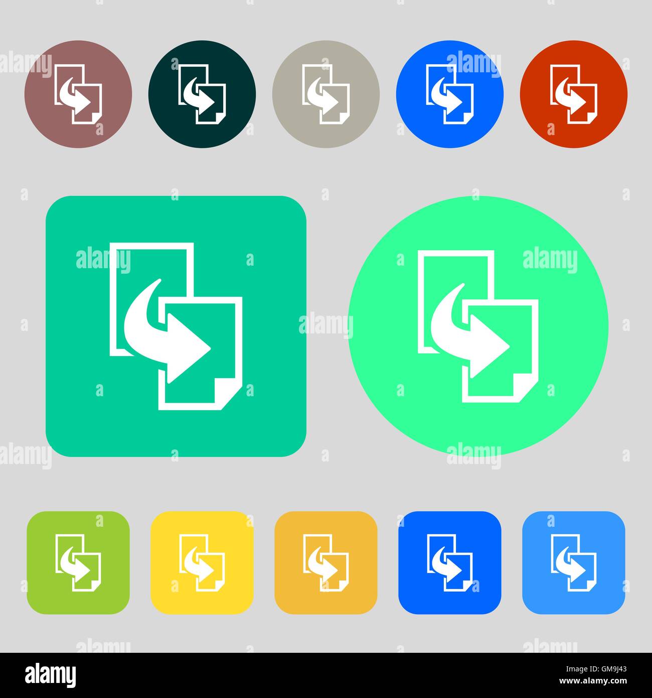 Copy file sign icon. Duplicate document symbol. 12 colored buttons ...