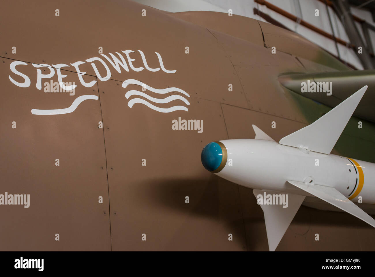 Missile hangs on the side of an A-7 Corsair II , Wings over the Rockies Air & Space Museum, Denver, Colorado. Stock Photo