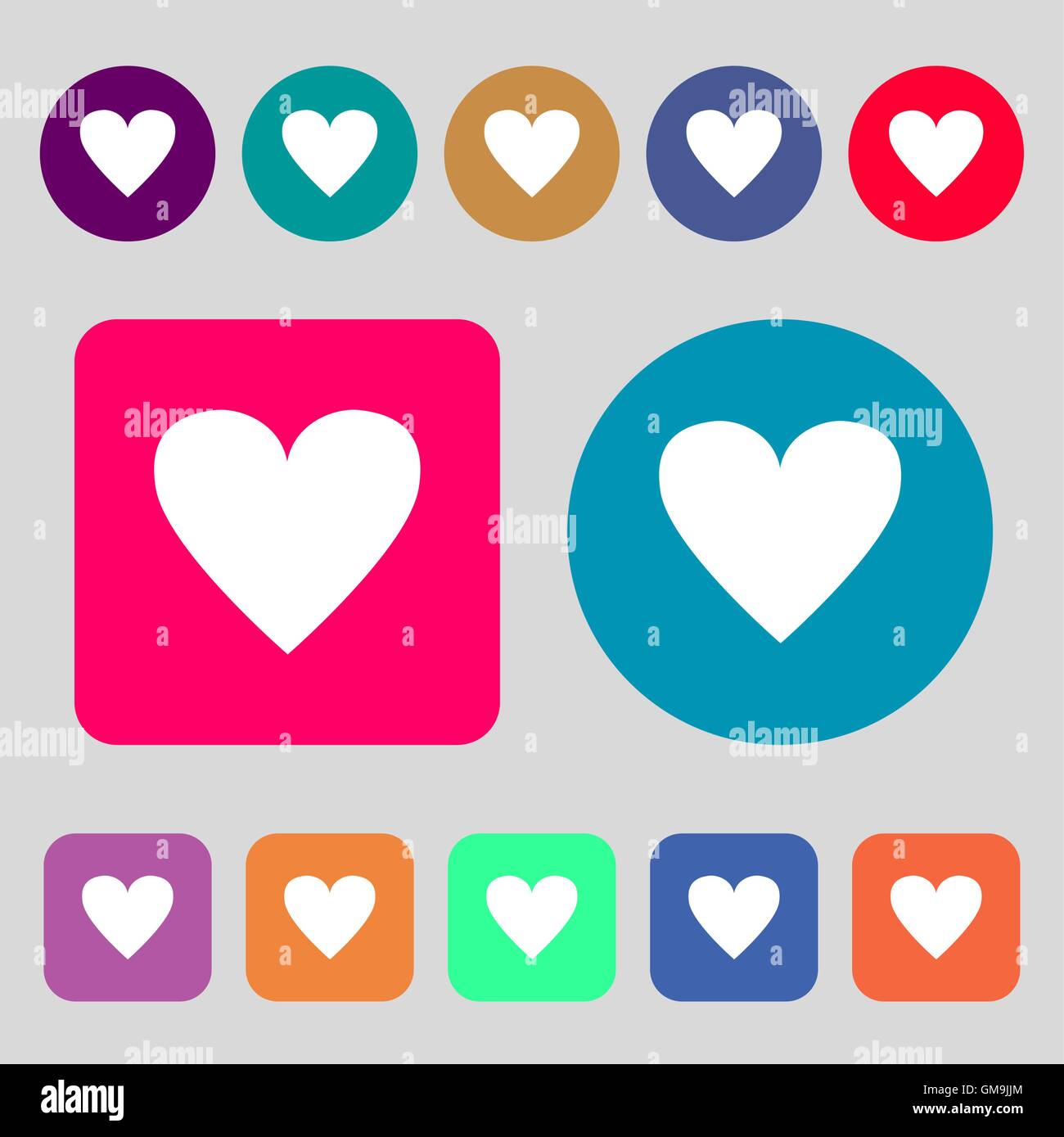 Heart sign icon. Love symbol. 12 colored buttons. Flat design. Vector ...